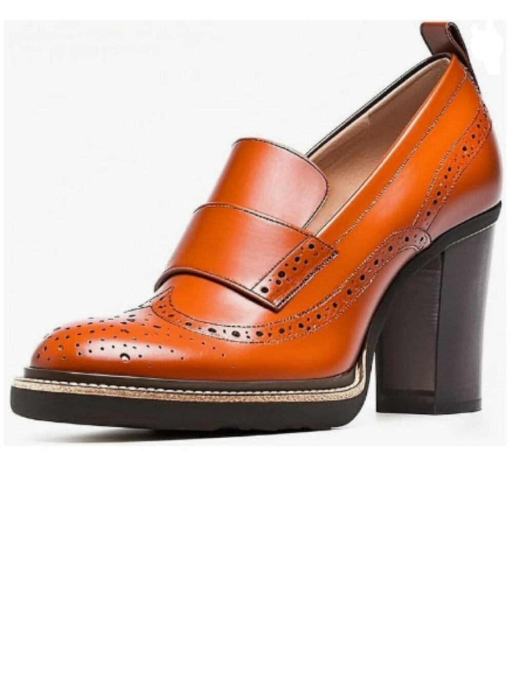 YDN Dark Orange Chunky High Heels Round Toe Oxford Loafer Shoes Slip On Loafers